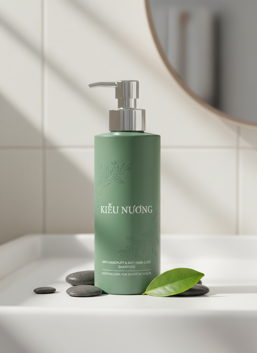 A sleek, modern bottle of anti-dandruff, anti-hair-loss shampoo labeled “Kiều Nương” standing upright on a spotless white bathroom counter. The bottle is a soft matte emerald green with a subtle leaf embossing, clean typography, and a silver pump head catching the light. Around it, smooth black pebbles and a fresh green tea leaf rest on the counter, suggesting soothing care for sensitive scalps. Soft natural daylight from an unseen window casts gentle, diffused highlights along the bottle’s curves, creating a professional, clinical yet luxurious atmosphere. Shot at eye level with a shallow depth of field, the background fades into a creamy blur of tiled wall and a hint of a mirror, emphasizing the product in crisp photographic realism with a clean, trustworthy aesthetic.