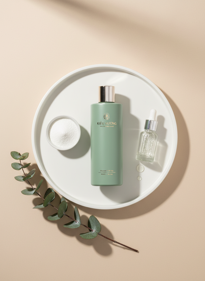 A luxurious flat-lay composition of a complete sensitive-scalp haircare corner built around a “Kiều Nương” shampoo bottle. The bottle, in elegant matte sage with subtle metallic accents, rests on a round white ceramic tray with a raised edge. Surrounding it are carefully arranged elements: a clear glass dropper bottle with a few drops of serum on the tray, a small bowl of finely milled white powder representing active ingredients, and a single eucalyptus branch for a fresh, natural touch. The background is a smooth, pale beige surface. Diffused studio lighting from the top-right creates soft, natural-looking shadows and delicate highlights on the tray rim and bottle shoulders. Captured from a bird’s-eye view with meticulous symmetry, the scene feels refined, professional, and calming, emphasizing dermatological care and premium quality.