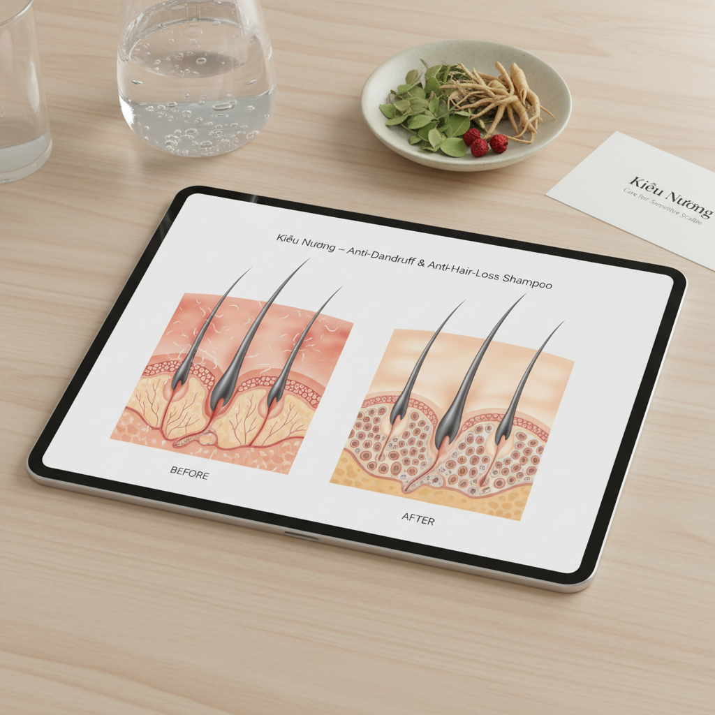 A stylized, educational photographic image of a scalp cross-section illustration displayed on a sleek white tablet lying on a light wooden desk. The screen shows a detailed, realistic graphic of hair follicles before and after using a gentle anti-dandruff, anti-hair-loss shampoo: on one side, inflamed, flaky scalp with thinning hair; on the other, calmer, hydrated scalp with thicker, anchored follicles. The tablet is surrounded by a neatly placed glass beaker with clear liquid, a small dish of botanical extracts, and a folded card labeled “Kiều Nương – Care for Sensitive Scalps.” Soft overhead studio lighting produces crisp, clear visibility with minimal shadows. Shot from a slightly elevated angle, the mood is scientific, professional, and trustworthy, ideal for explaining product benefits in a clean, modern website context.