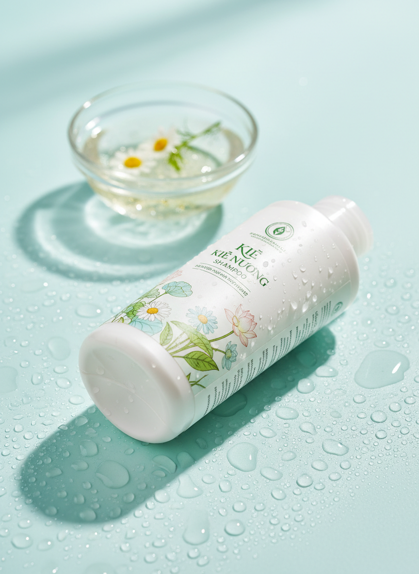 A premium “Kiều Nương” shampoo bottle lying diagonally on a glossy, light-aqua surface with water droplets beading around it, suggesting freshness and scalp hydration. The bottle is translucent milky white with a soft-touch label showing delicate botanical illustrations hinting at natural soothing ingredients. Behind it, out-of-focus elements include a small glass bowl of clear serum-like liquid and a sprig of chamomile, reinforcing care for sensitive scalps. Overhead, diffused daylight creates silky reflections on the wet surface and subtle highlights on the bottle’s contours. The mood is clean, refreshing, and professional spa-like. Shot from a slightly elevated angle with rule-of-thirds composition, the product is crisply in focus while the background melts into smooth bokeh, ideal for a modern, trustworthy haircare brand.