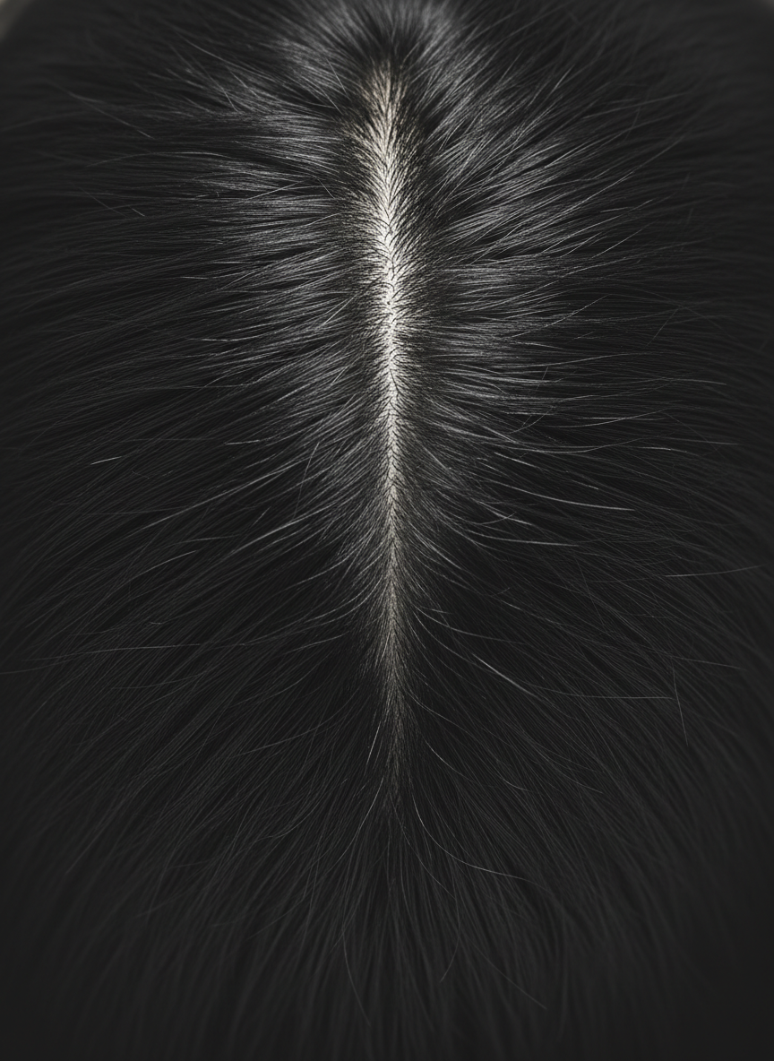 A close-up, photographic-realistic shot of healthy, dense black hair strands viewed from above like a soft, glossy landscape, with a clear parting line revealing a clean, calm scalp. The scalp skin appears smooth, balanced, and free from redness or flakes, subtly glistening under soft studio lighting. Around the edges of the frame, the lighting falls off into a gentle vignette, focusing attention on the center where hair roots appear strong and evenly distributed. The mood is reassuring and clinical-professional, as if from a dermatology brochure. Captured with macro detail and a shallow depth of field, every strand is sharp while the outer edges blur slightly, conveying the effectiveness of a gentle anti-dandruff, anti-hair-loss formula suitable for sensitive scalps.