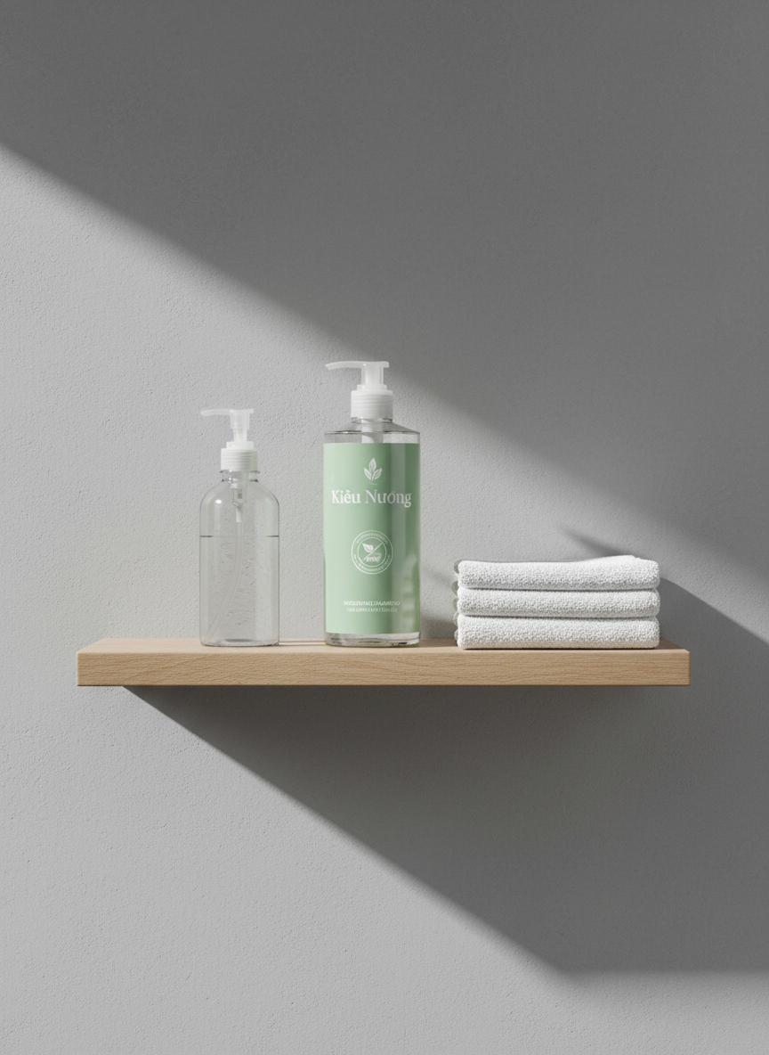 A minimalist bathroom shelf scene showcasing an orderly haircare routine for sensitive scalps. On a light oak floating shelf against a soft grey, slightly textured wall, a single “Kiều Nương” shampoo bottle stands centered, flanked by a clear glass pump bottle of water and a neatly folded white cotton towel. The shampoo bottle features calm pastel green and white tones with a small icon indicating anti-dandruff and anti-hair-loss benefits. Gentle morning light from the left creates subtle shadows along the shelf edge and a faint reflection on the bottle’s label. The composition is clean and uncluttered, shot straight-on at eye level with sharp focus throughout. The atmosphere feels calm, hygienic, and professionally curated, in a modern photographic style suited for a dermatology-approved haircare brand.